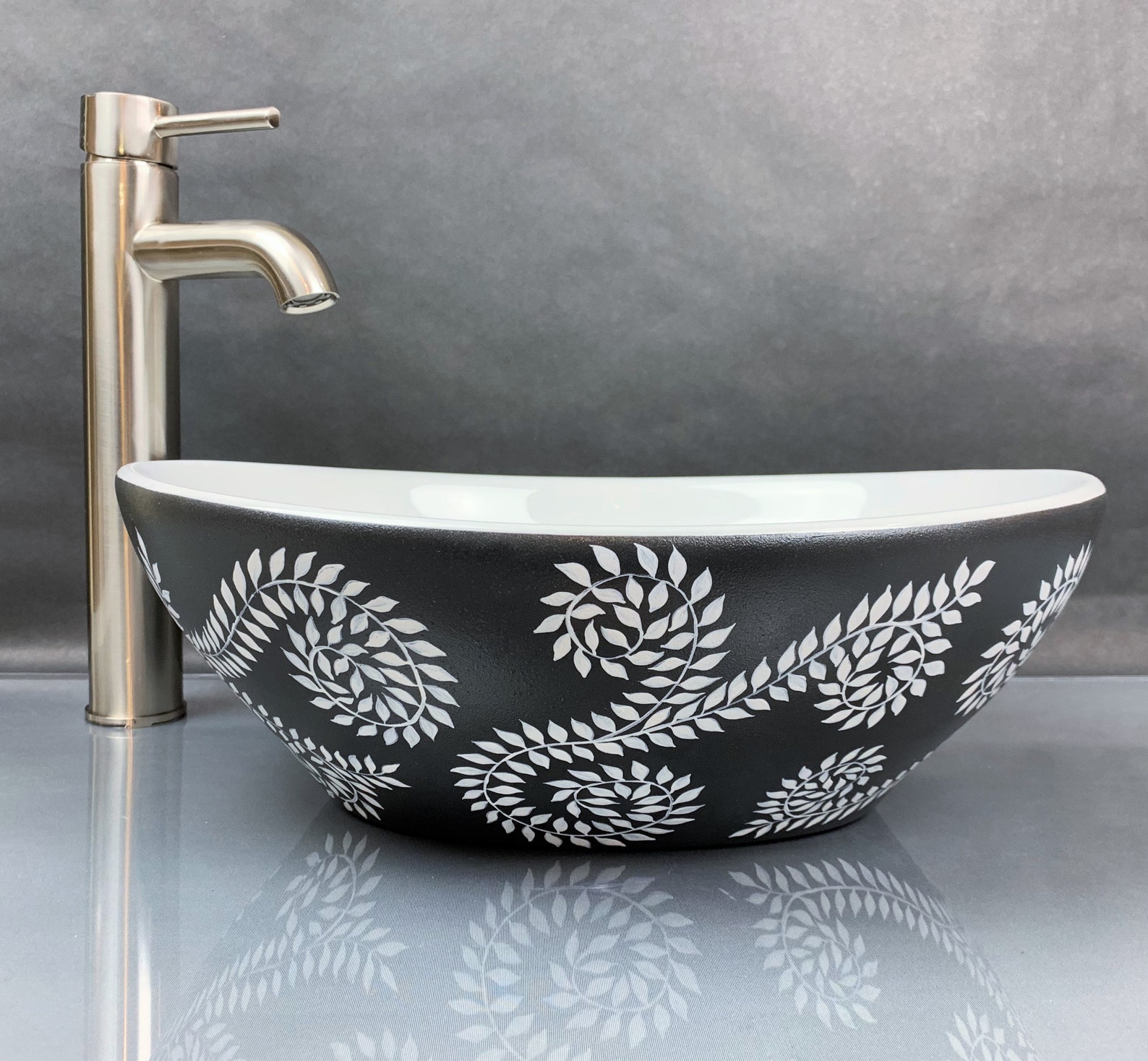 Ceramic Vessel Sink Oval Hand Painted Charcoal and White Ivy Etsy