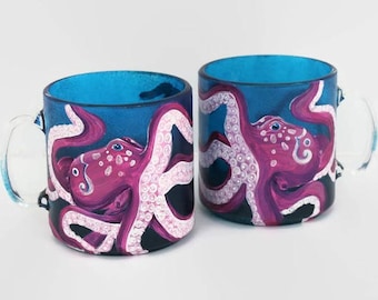 Glass Octopus Mugs Hand Painted in Sapphire and Magenta