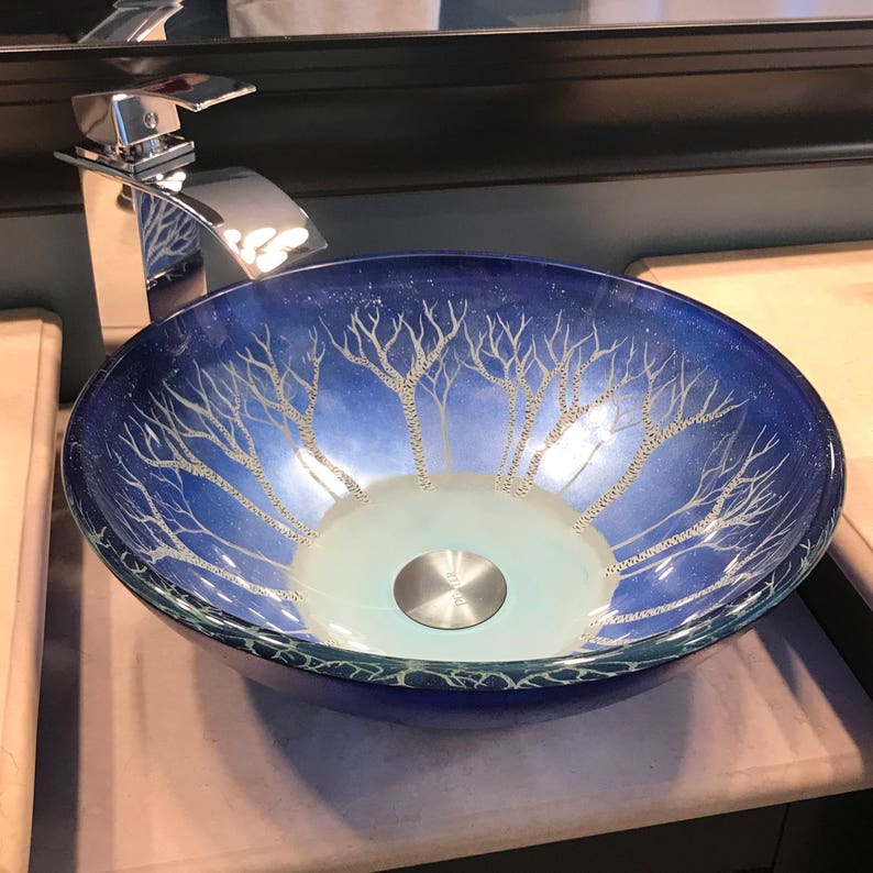 Glass Vessel Sink Hand Painted Snowy Birches Design