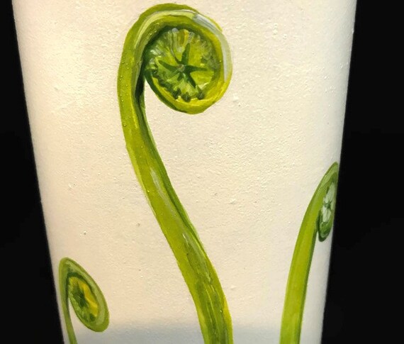 Large Glass Soap Dispenser, Hand Painted Fiddle Head Fern Design in Cream and Green Large Glass Soap Dispenser, Hand Painted Fiddle Head Fern Design in Cream and Green