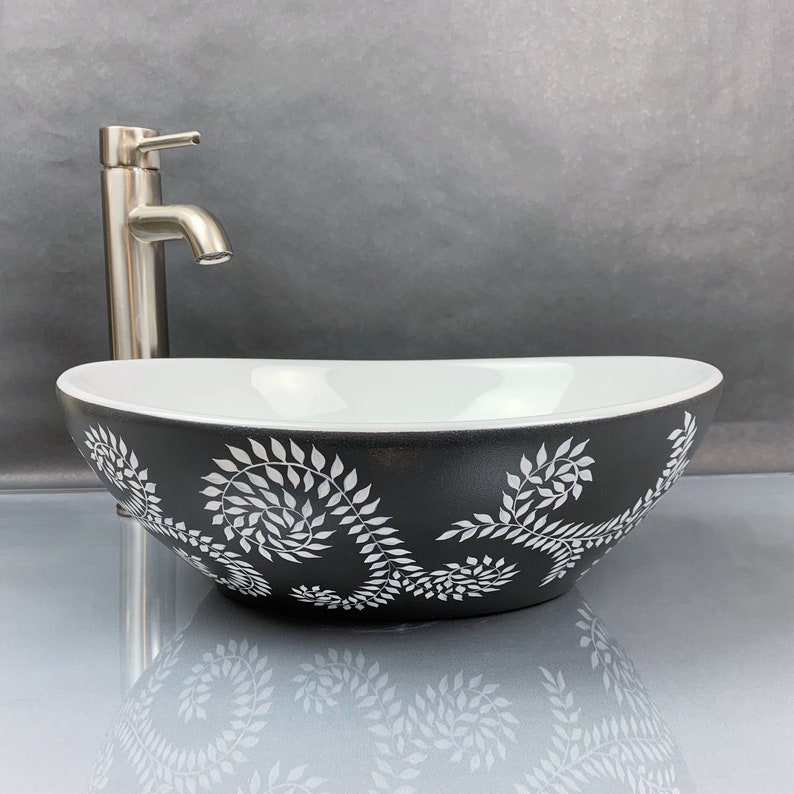 Ceramic Vessel Sink Oval Hand Painted Charcoal and White Ivy Etsy