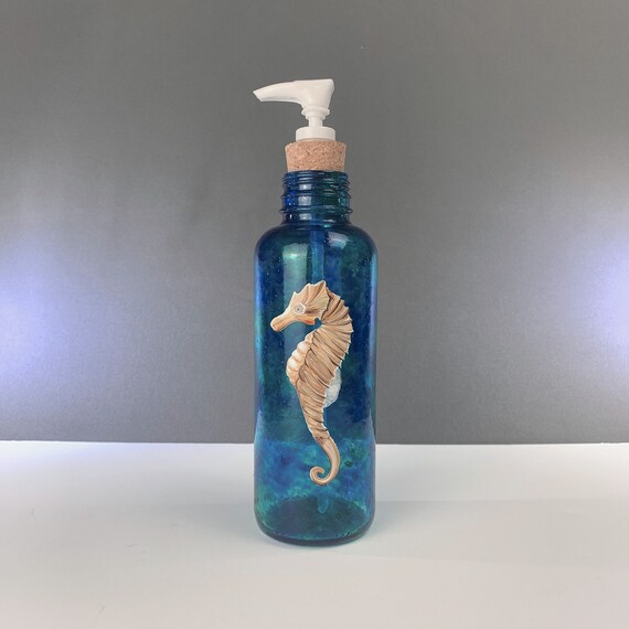 Large Glass Soap Dispenser, Hand Painted Fiddle Head Fern Design in Cream and Green Large Glass Soap Dispenser, Hand Painted Fiddle Head Fern Design in Cream and Green