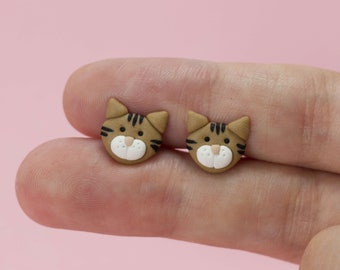 Brown Tabby Cat Stud Earrings, Cat Lover Gift, Kawaii Earrings