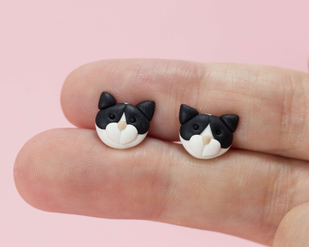 Black and White Cat Stud Earrings, Tuxedo Cat Earrings, Clay Earrings