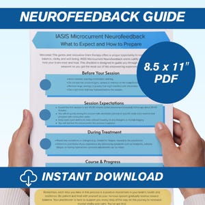 Puede incluir: Una guía titulada "Neurofeedback Guide" con el texto "IASIS Microcurrent Neurofeedback" y "What to Expect and How to Prepare." El documento mide 21,6 x 27,9 cm y está disponible en PDF. También se ven las palabras "Descarga instantánea".