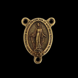 Traditional Bronze Miraculous Medal Rosary Centerpiece - Handcrafted in Italy, English Inscription