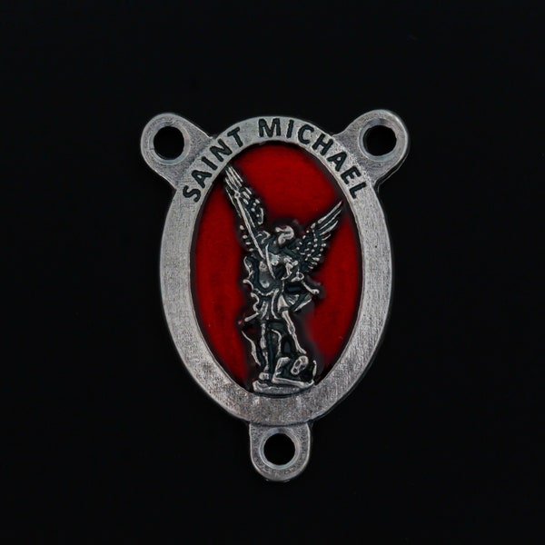 Saint Michael Rosary Centerpiece with Red Enamel - Warrior Angel The Great Defender and Protector