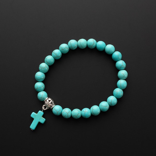 Beaded Stretch Bracelet - Turquoise Cross Charm Bracelet with Attached Hanger Link to add on Charms