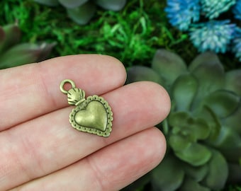 Bronze Sacred Heart Charms - Milagro Flaming Heart Pendants 12, 25, or 50pcs