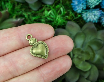 Bronze Sacred Heart Charms - Milagro Flaming Heart Pendants 12, 25, or 50pcs