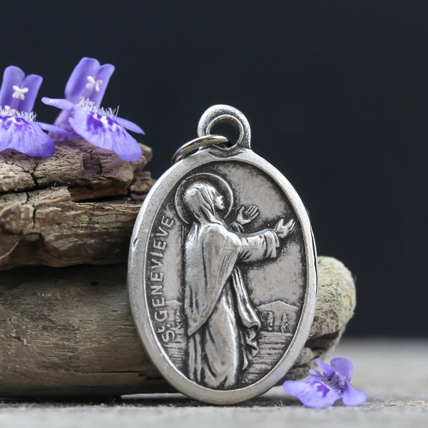 Saint Genevieve Medal - Patron Saint of Paris - Silver Oxidized Die Cast Metal Made in Italy