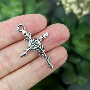 Rose Cross Charms Antique Silver Little Flower of Jesus 35mm x 24mm - 12 or 25pcs