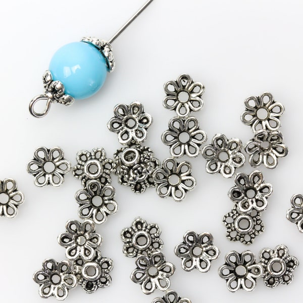 Flower Bead Caps 6mm in diameter (Fit beads 8mm - 10mm) Antique Silver Zinc Alloy - Sold in pkgs of 50, 120 and 300 caps
