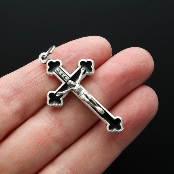 Orthodox Byzantine Crucifix Cross with Black Enamel Inlay - 1-5/8" Long - Handcrafted in Italy