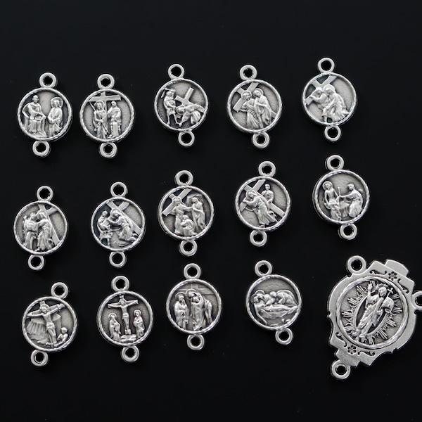 Stations of the Cross Devotional Medals for DIY Rosary or Chaplet - Way of Sorrows Fifteen Stations Via Crucis