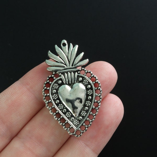 5 Flaming Holy Heart Charms - Ex Voto Milagro Style Sacred Heart Pendant - Antiqued Silver - 41mm Long