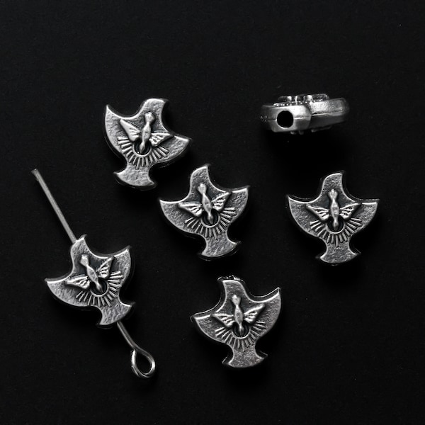 Dove Holy Spirit Metal Spacer Beads, Bird Shaped Our Father Beads Silver Plated Set of Six 9mm long