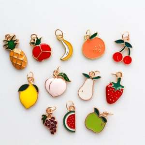Pu&ograve; includere: Un set di 12 ciondoli dorati che raffigurano vari frutti e verdure. I ciondoli sono smaltati in colori vivaci, tra cui rosso, giallo, verde, arancione e rosa. I ciondoli sono perfetti per aggiungere un tocco di fantasia a gioielli, portachiavi o altri lavoretti.