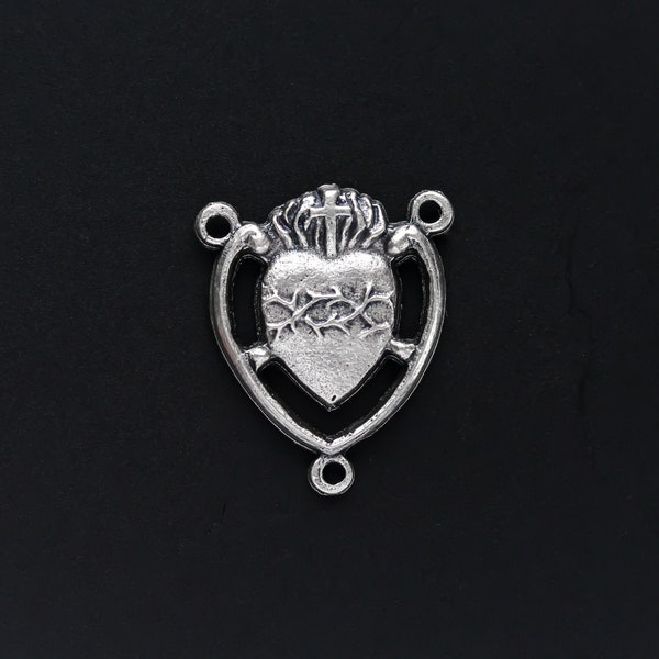 Sacred Heart of Jesus Rosary Center - Sorrowful Mother Silver Oxidized Rosary Centerpiece 20mm long