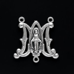 Ave Maria Miraculous Medal Rosary Center - Genuine Oxidized Silver Plate Centerpiece Made in Italy 1&quot; tall x 1&quot; wide