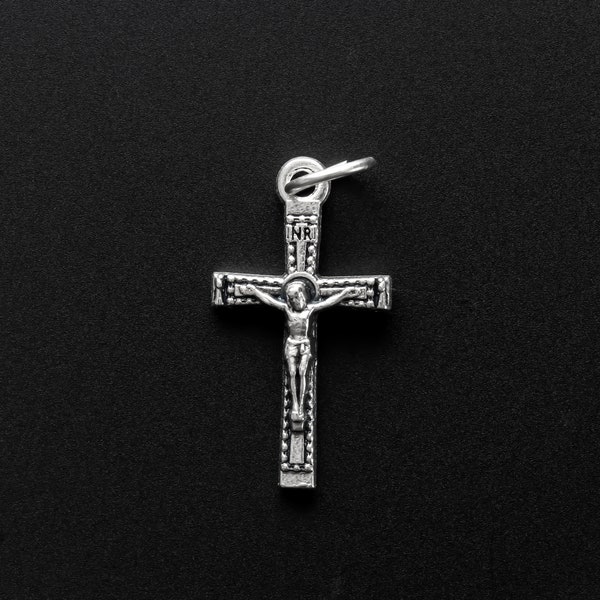 Small Textured Crucifix with Angels on each end 1" Long - Bracelet Size Cross Charm - Genuine Silver Plate Handcrafted in Italy