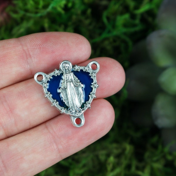 Blue Miraculous Medal Rosary Centerpiece with Stars - Our Lady of Grace Rosary Making Supplies - Made in Italy