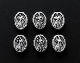 6 Divine Mercy of Jesus Metal Spacer Beads - Jesus, I trust in You Rosary Beads - Silver Tone Color 9.5mm x 7mm 6pcs
