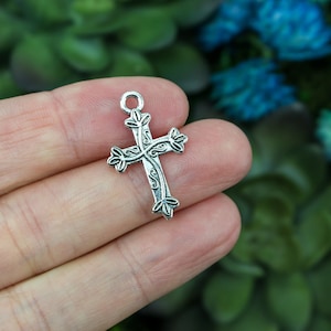 Silver Vine Cross Charms John 15:5 NIV - I am the vine, you are the branches, 25.4mm x 15.8mm 12, 25, or 50pcs