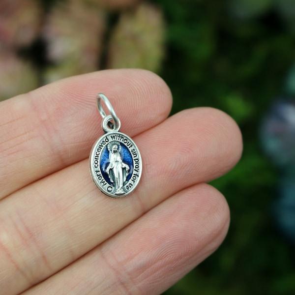 Tiny Miraculous Medal with Blue Enamel Background in English Blessed Virgin Mary 1/2" long Made in Italy