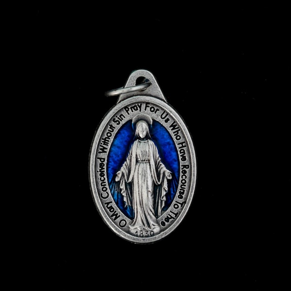 Miraculous Mary Medal with Blue Enamel Detail 1" Oval Medallion of the Immaculate Conception - Made in Italy