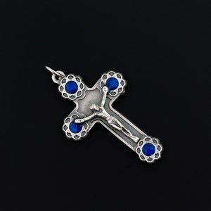 Crucifix Cross with Blue Enamel Flower Details 1-11/16&quot; Long, Made in Italy