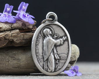Saint Genevieve Medal - Patron Saint of Paris - Silver Oxidized Die Cast Metal Made in Italy
