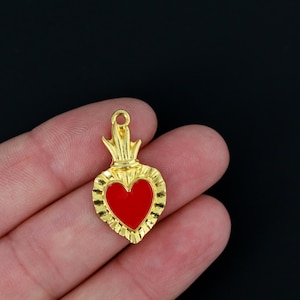3 Small Sacred Heart Ex Voto Charms - Red Enamel Heart in Gold Tone Setting 27mm x 15mm, 3pcs
