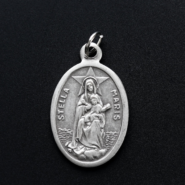 Stella Maris Medal - Our Lady Star of the Sea - Blessed Virgin Mary Ave Maris Stella Silver Oxidized Metal Jewelry