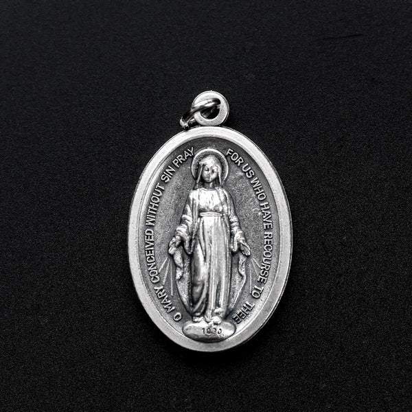 Miraculous Mary Medal - 1" Oval Medal of the Immaculate Conception - Blessed Virgin Mary Silver Oxidized Metal Jewelry Supply