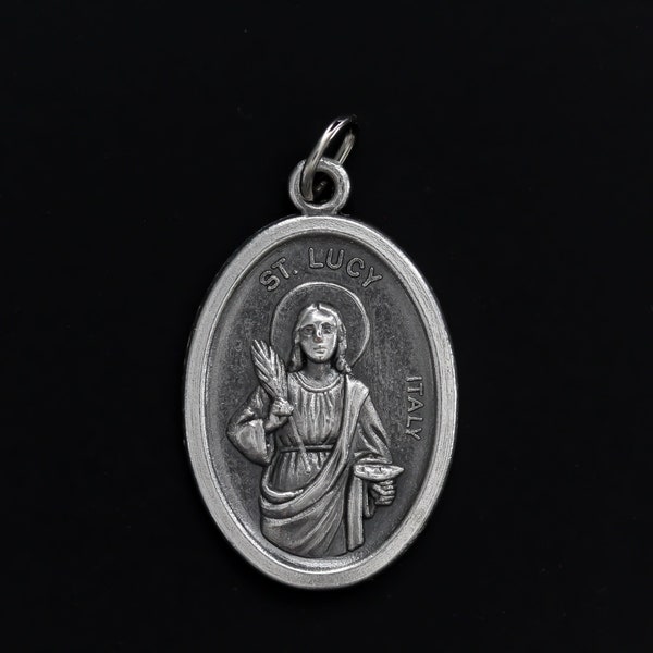 Saint Lucy Medal - Patron of the Blind and Eye Diseases - St. Lucia Pray For Us 1 inch Silver Oxidized Medal