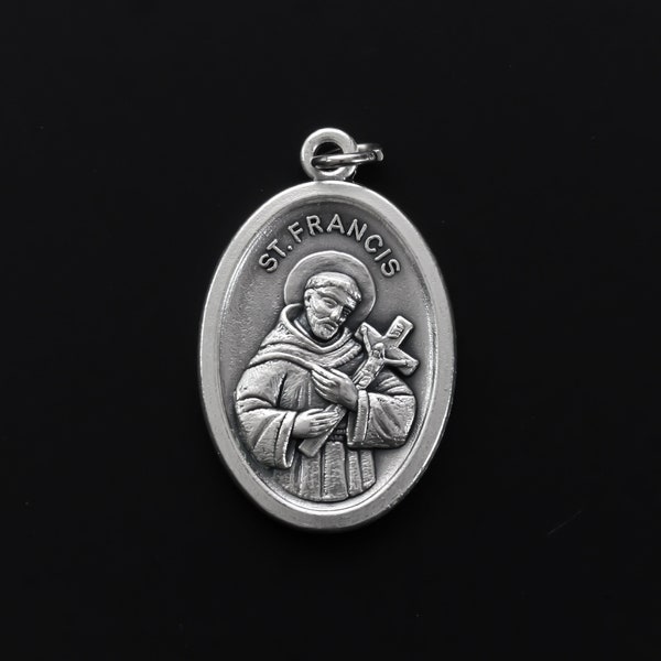 Saint Francis of Assisi Medal - Catholic Patron Saint of Animals - St. Francis Pray For Us 1 inch Silver Oxidized Medal