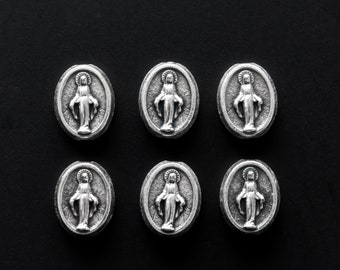 6 Miraculous Medal Beads, Our Father Beads Silver Tone Color Set of Six 9.5mm x 7mm