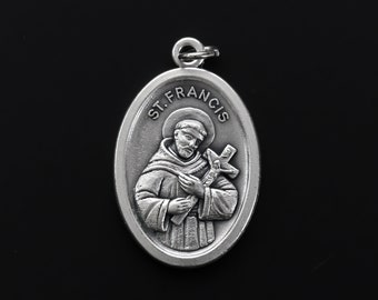 Saint Francis of Assisi Medal - Catholic Patron Saint of Animals - St. Francis Pray For Us 1 inch Silver Oxidized Medal