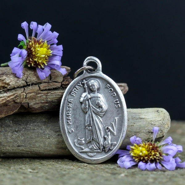 Saint Martha Medal - Patron of Servants and Cooks - St. Martha Silver Oxidized 1 inch Die Cast Metal Made in Italy