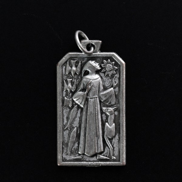 Saint Francis of Assisi Pendant - Unique Design Rectangle Shaped Charm 1.25" Long Made in Italy