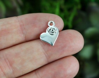 Silver Heart Charms with Rose Detail - Symbol of the Virgin Mary 15mm x 11mm 10pcs