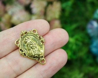 5 Blessed Virgin Mary Rosary Centerpieces Antique Gold Immaculate Heart of Mary Pray For Us 5pcs