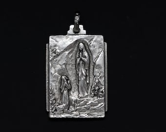 Our Lady of Lourdes Pendant - Unique Design Rectangle Shape - Patron of Sick People, Protection from Diseases