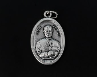 Saint Don Bosco Medal with Mary Queen of Heaven and Earth  1" Silver Oxidized, Made in Italy