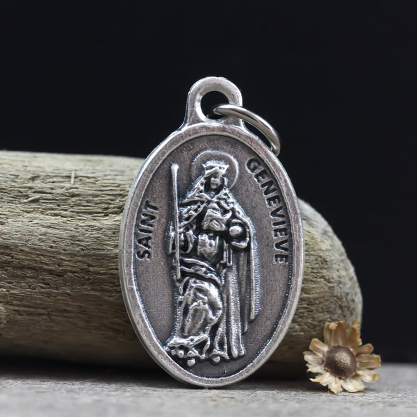 Saint Genevieve Medal - Patron Saint of Paris - Silver Oxidized Die Cast Metal Made in Italy