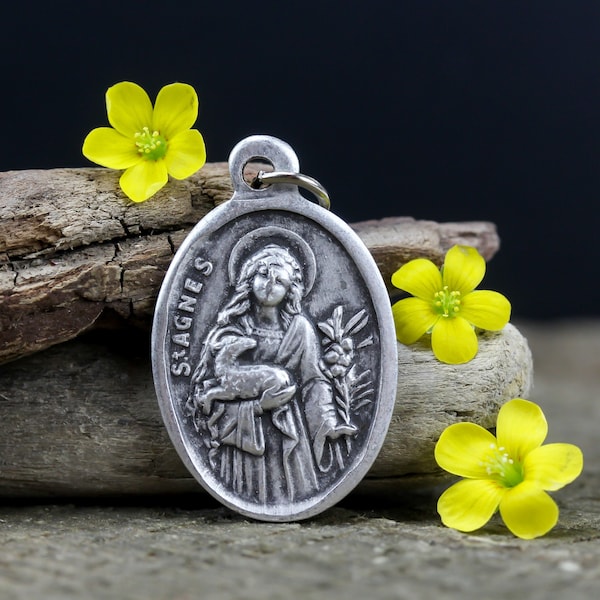 Saint Agnes Medal - Patron of Virgins and Rape Victims - St. Agnes of Rome Silver Oxidized 1 inch Die Cast Metal Made in Italy