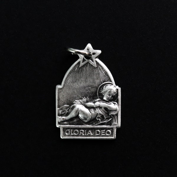 Gloria Deo Jesus Charm with Star of Bethlehem - Glory to God Oxidized Silver Plate Nativity Christmas Pendant Made in Italy