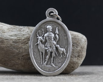 Saint Hubert Medal - Patron of Hunters, Mathematicians, Opticians, and Machinists - 1" oval oxidized Silver Made in Italy