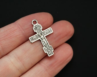 Russian Eastern Orthodox Crucifix Charms in Antiqued Silver - One Inch Long (25.4mm) available in packages of 10, 25, 50, 100 charms